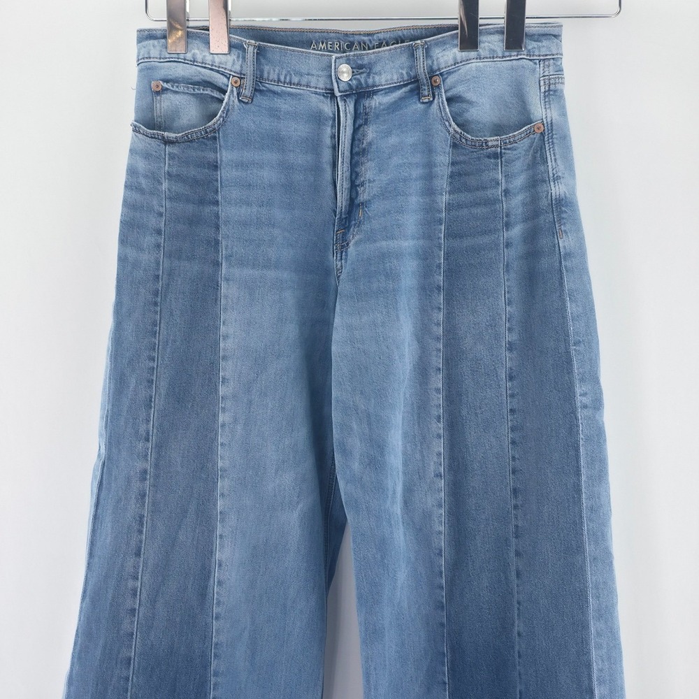 American Eagle Wide Leg Jeans Women 12 Blue Paneled Colorblock High Rise Stretch - Picture 16 of 16